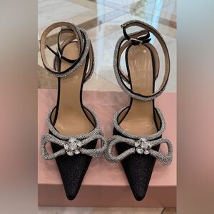 MACH & MACH Double Bow Black Glitter Heels with Crystal Bow; Size 37.5